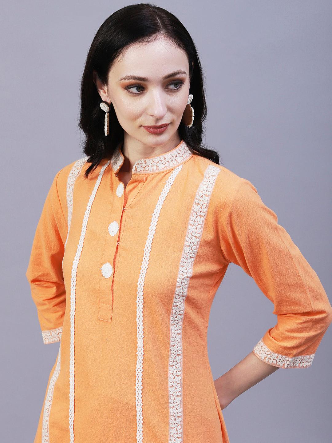 Solid Floral Embroidered Straight Fit Kurta with Pant - Orange - Indiakreations