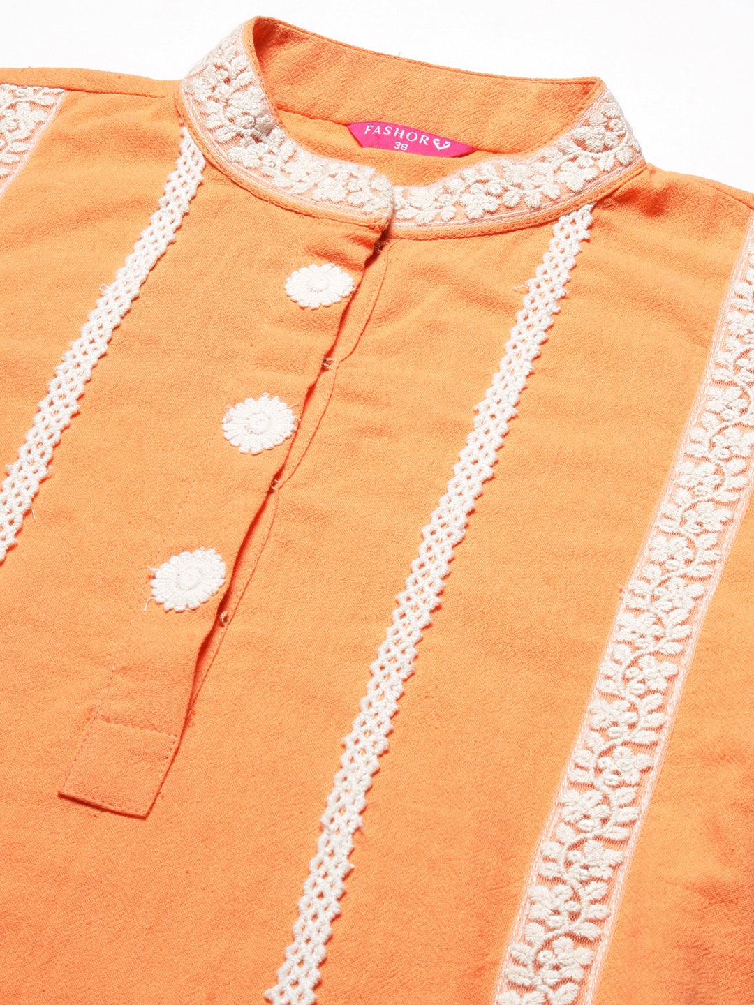 Solid Floral Embroidered Straight Fit Kurta with Pant - Orange - Indiakreations