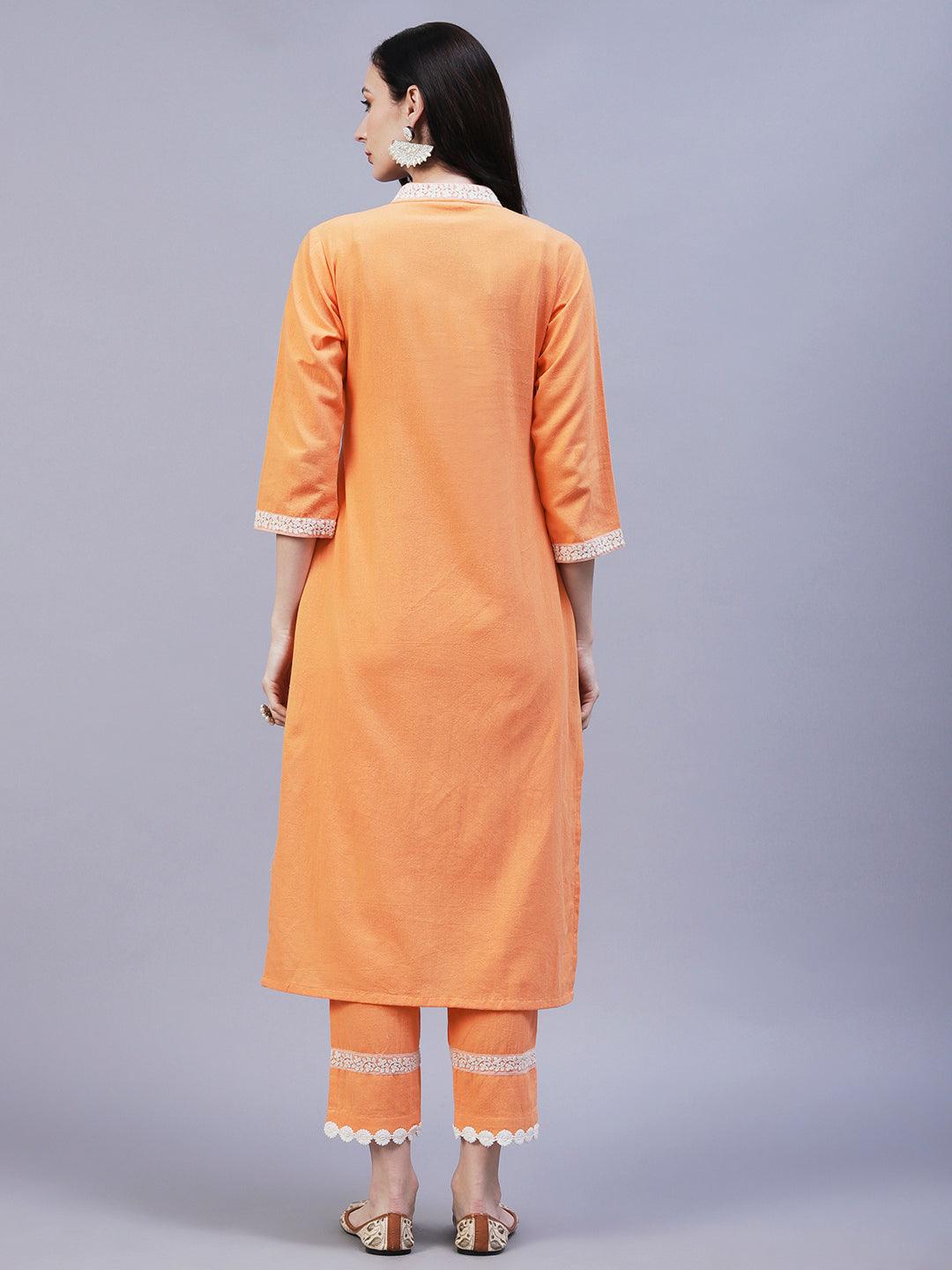 Solid Floral Embroidered Straight Fit Kurta with Pant - Orange - Indiakreations