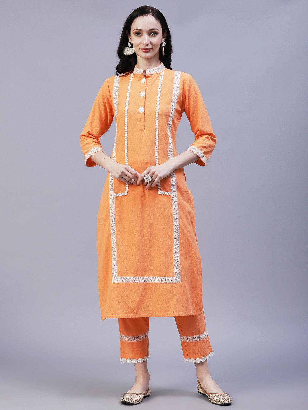 Solid Floral Embroidered Straight Fit Kurta with Pant - Orange - Indiakreations