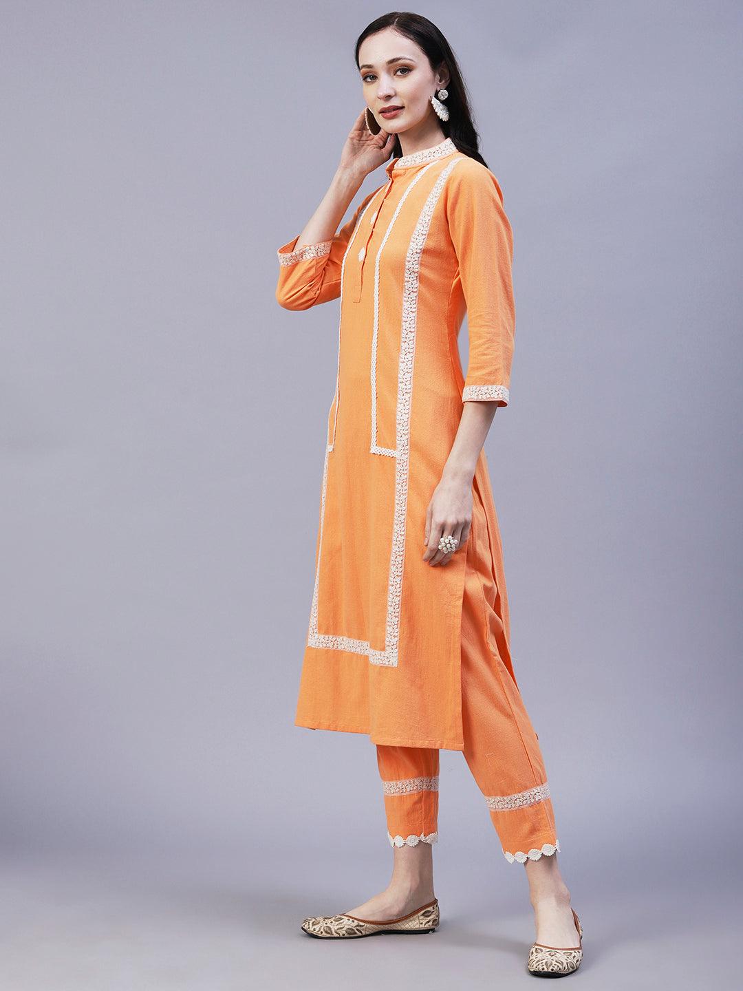 Solid Floral Embroidered Straight Fit Kurta with Pant - Orange - Indiakreations