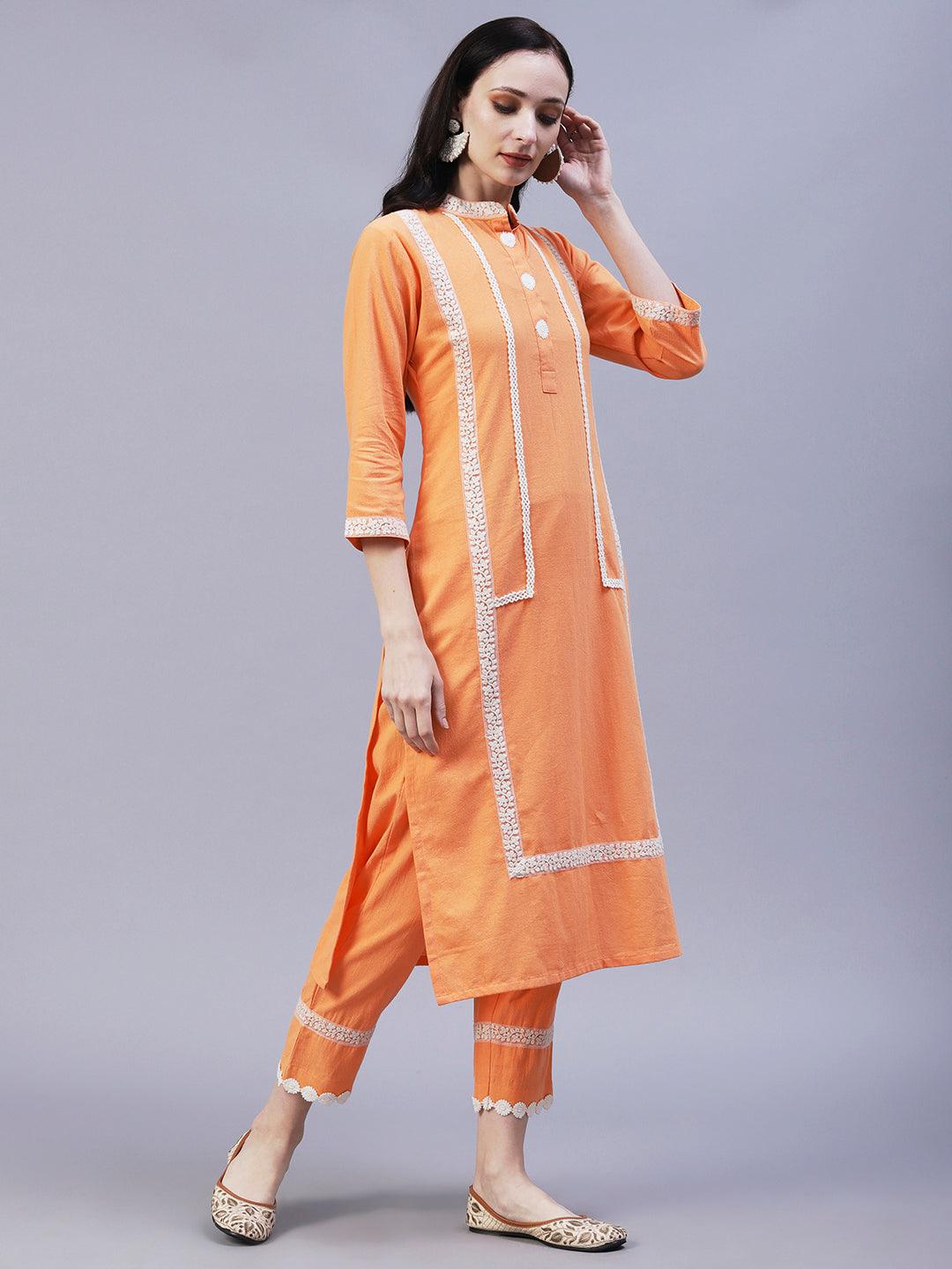 Solid Floral Embroidered Straight Fit Kurta with Pant - Orange - Indiakreations