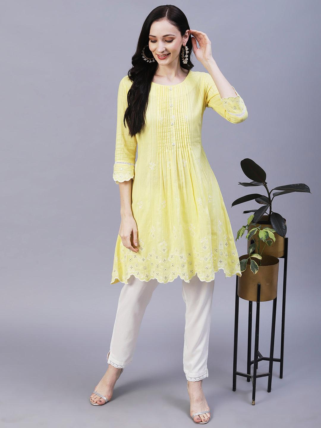 Solid Floral Embroidered Scalloped Hem A-Line Kurta with Pant - Yellow - Indiakreations