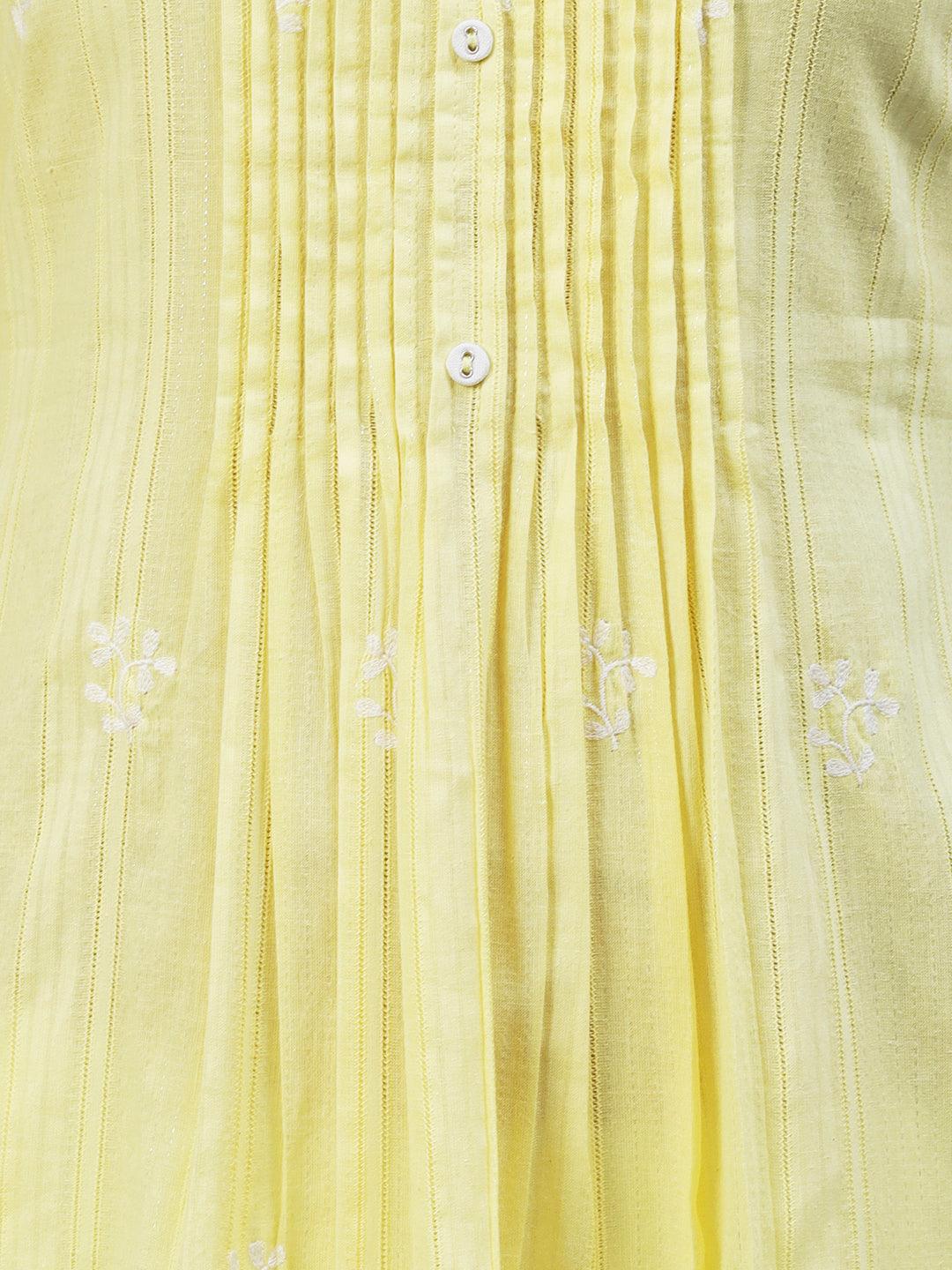 Solid Floral Embroidered Scalloped Hem A-Line Kurta with Pant - Yellow - Indiakreations