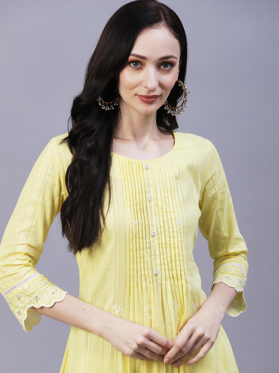 Solid Floral Embroidered Scalloped Hem A-Line Kurta with Pant - Yellow - Indiakreations