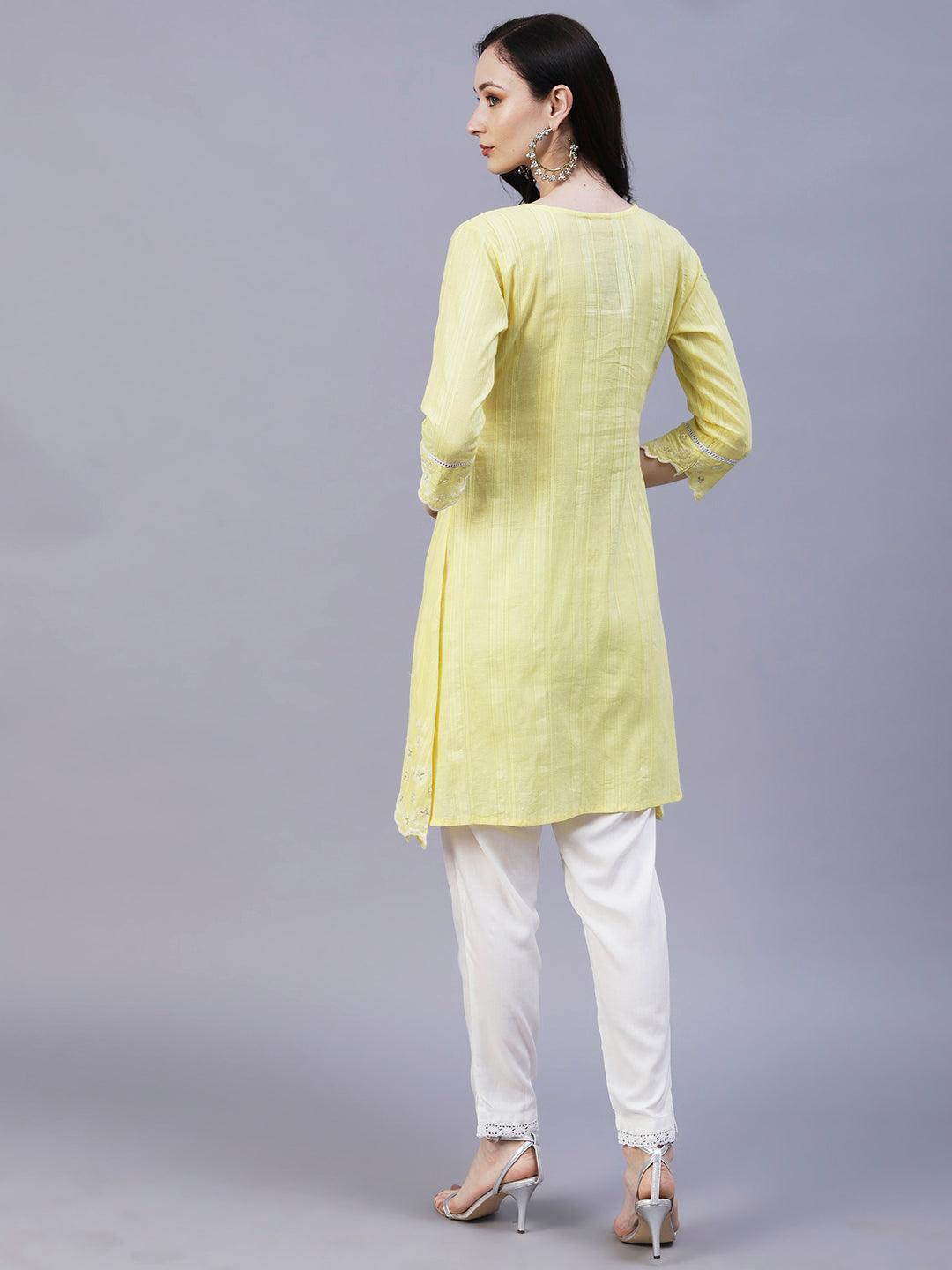 Solid Floral Embroidered Scalloped Hem A-Line Kurta with Pant - Yellow - Indiakreations