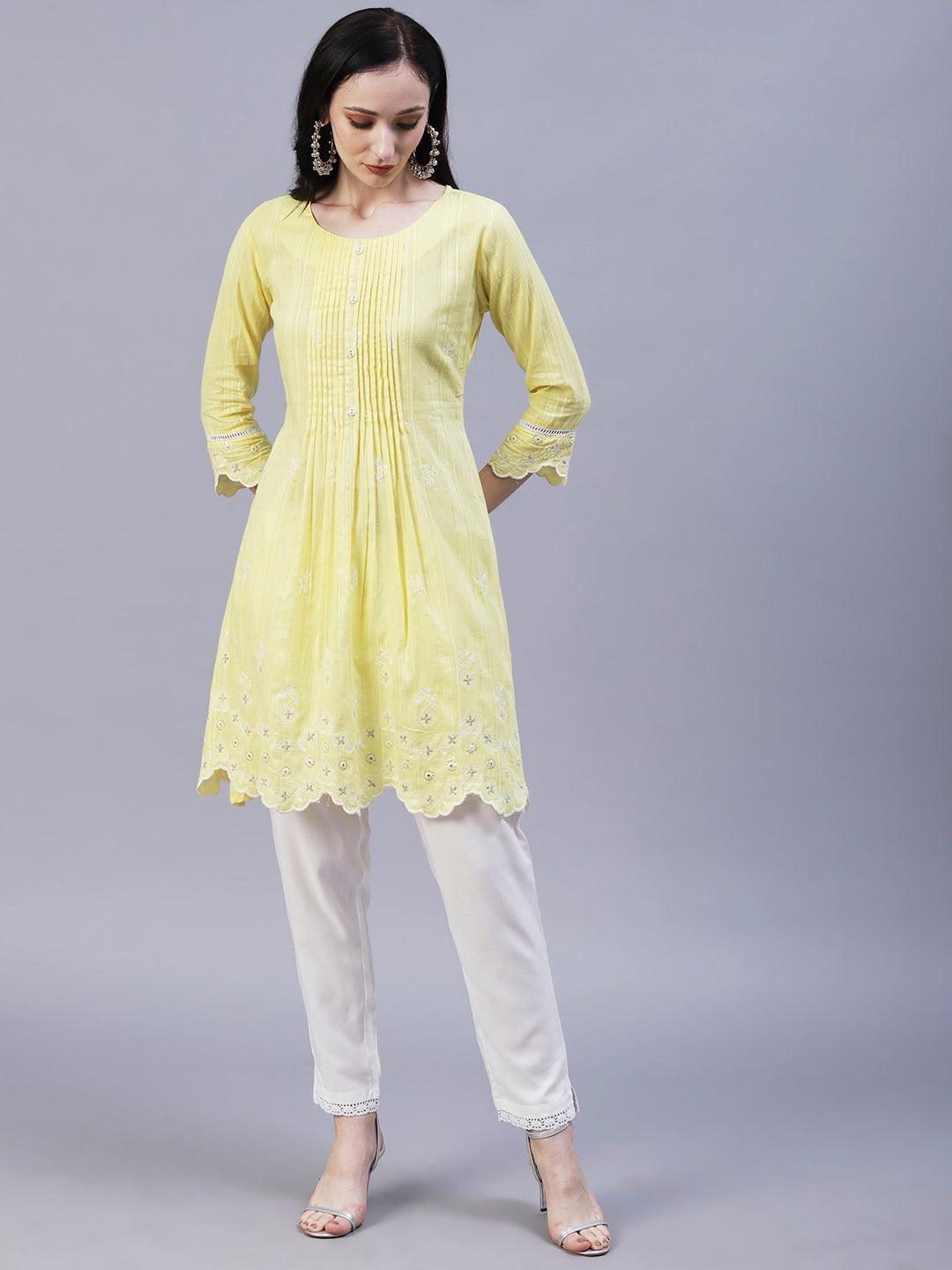 Solid Floral Embroidered Scalloped Hem A-Line Kurta with Pant - Yellow - Indiakreations