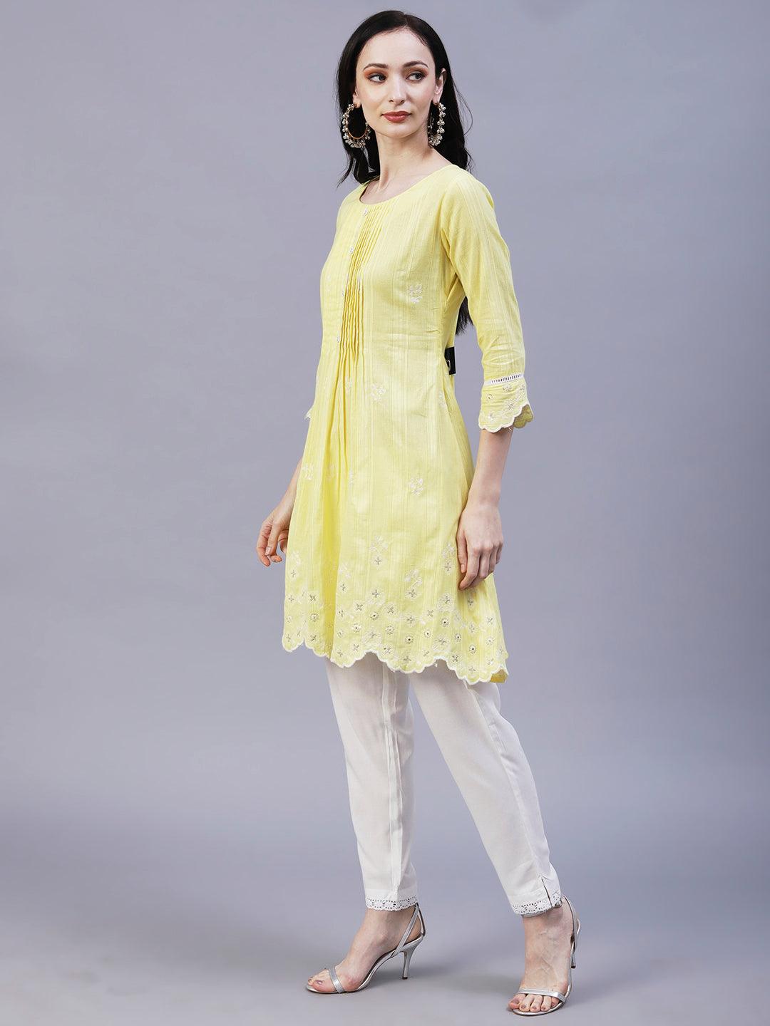 Solid Floral Embroidered Scalloped Hem A-Line Kurta with Pant - Yellow - Indiakreations