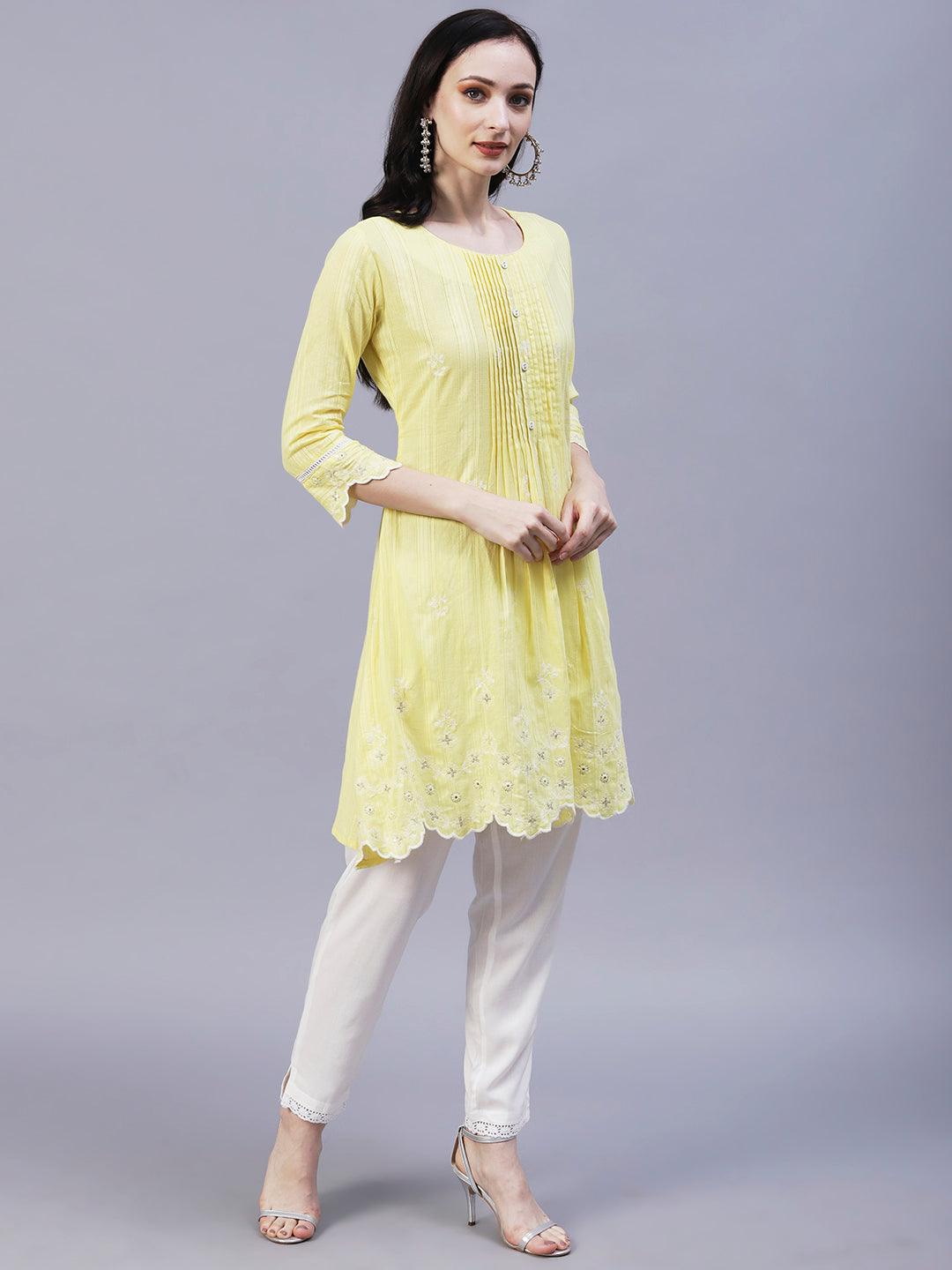 Solid Floral Embroidered Scalloped Hem A-Line Kurta with Pant - Yellow - Indiakreations