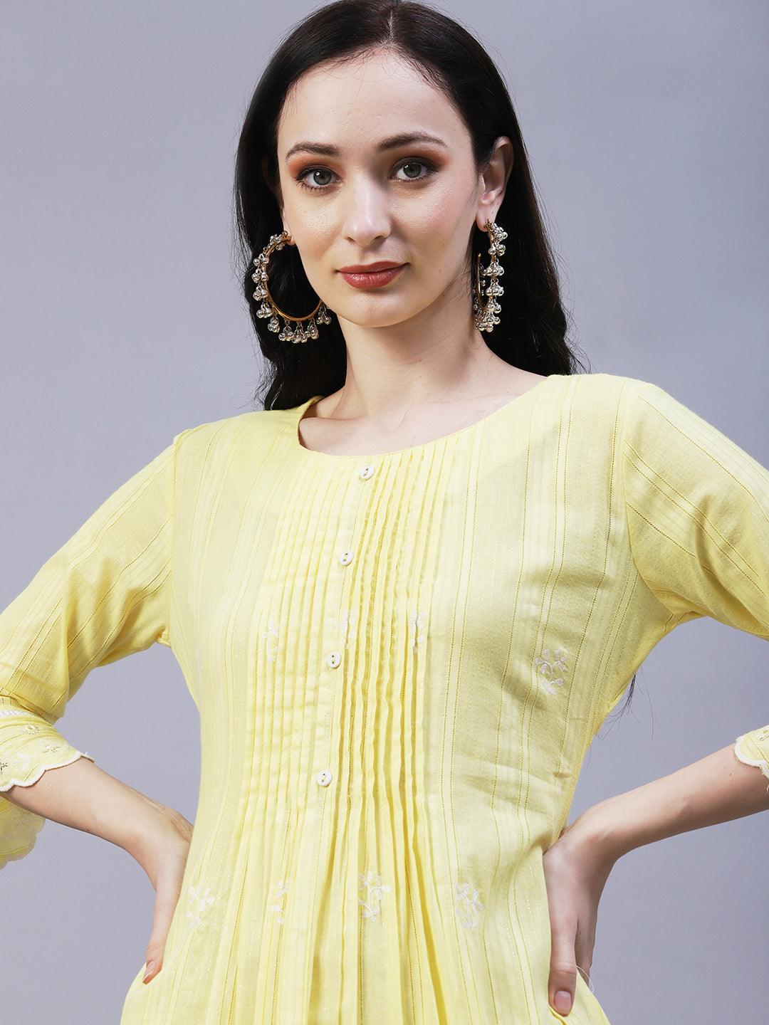 Solid Floral Embroidered Scalloped Hem A-Line Kurta with Pant - Yellow - Indiakreations