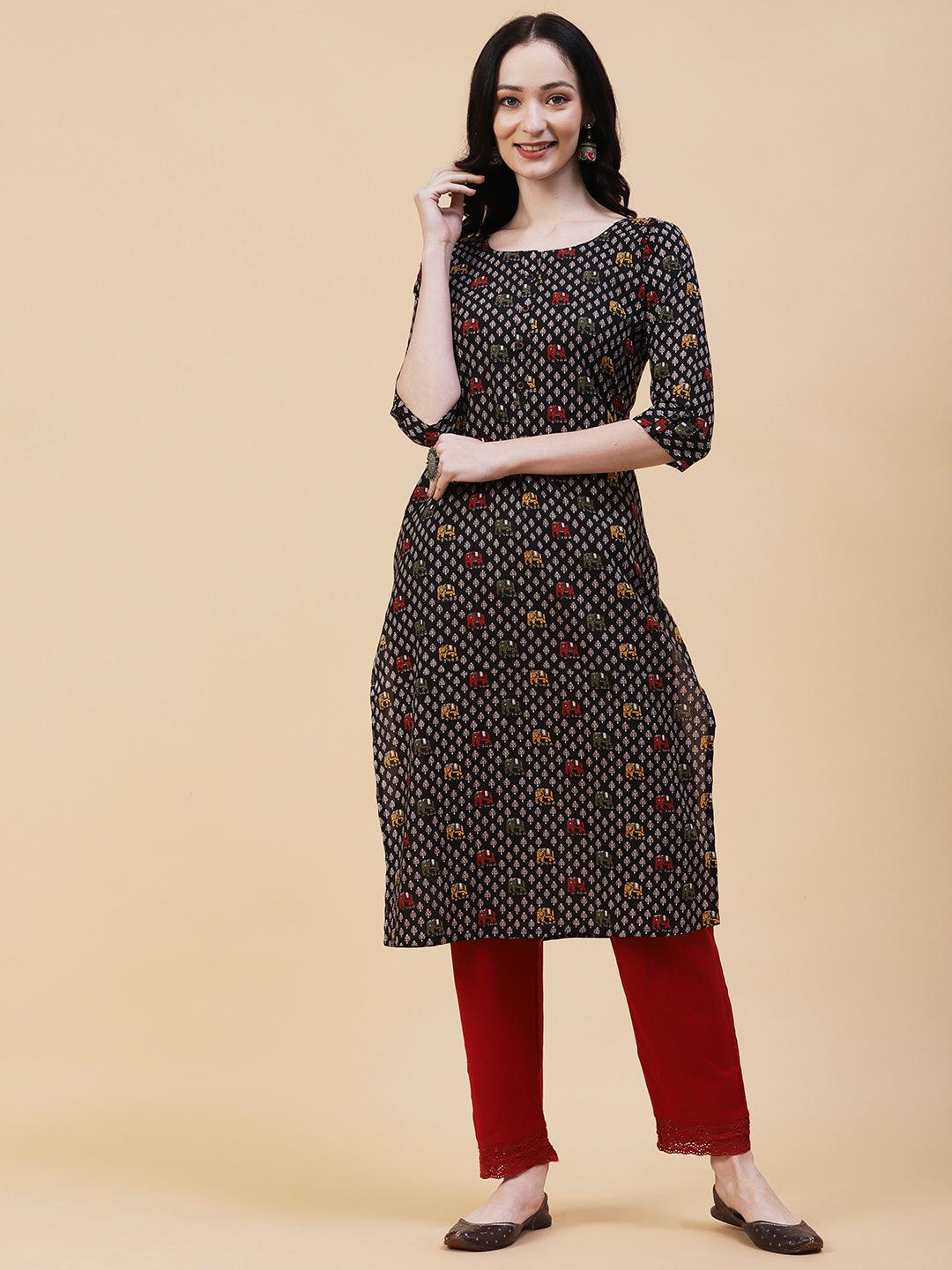 Elephant Printed Buttoned Kurta - Black - Indiakreations