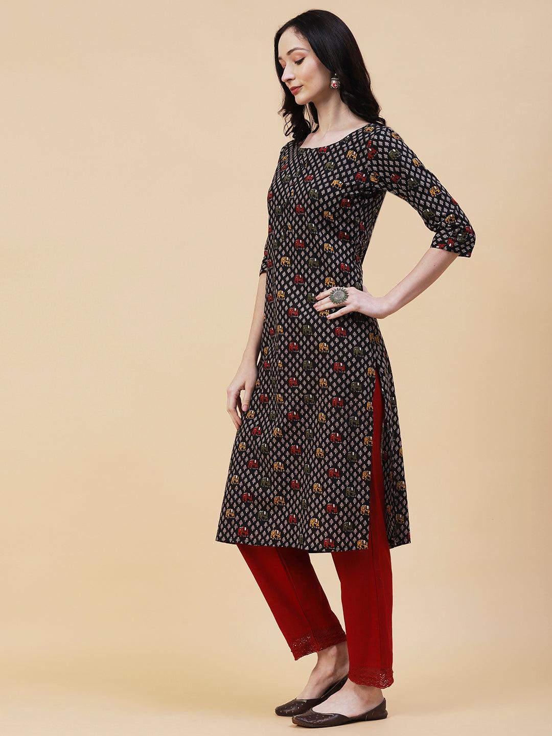 Elephant Printed Buttoned Kurta - Black - Indiakreations