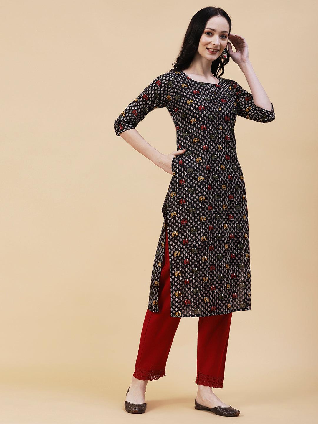 Elephant Printed Buttoned Kurta - Black - Indiakreations