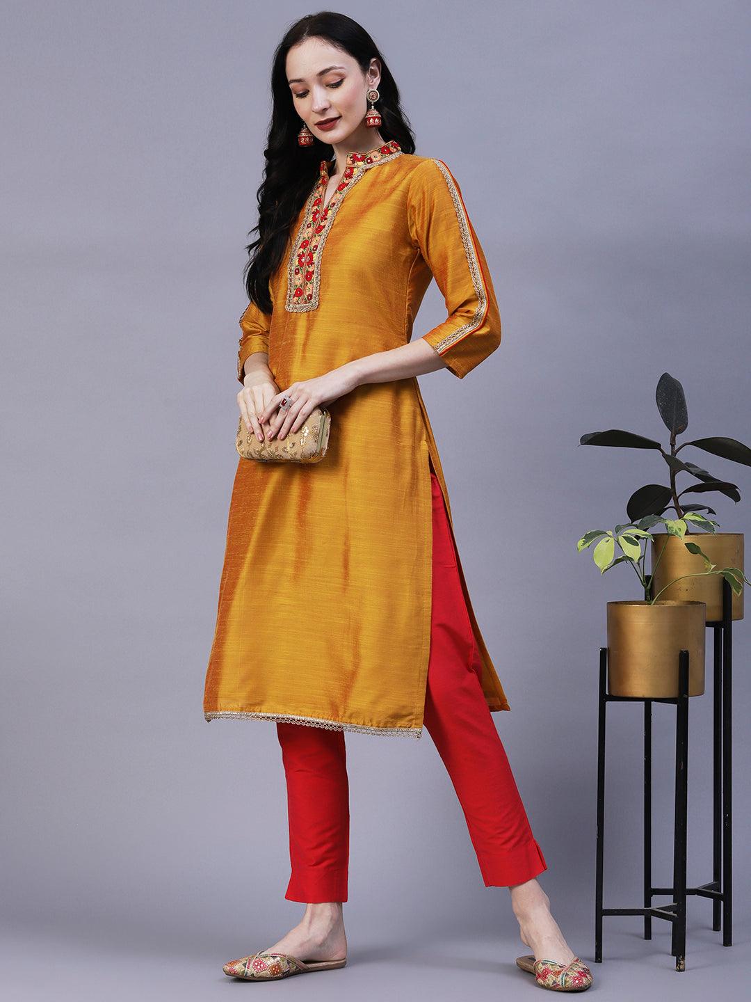 Solid Floral Embroidered Straight Fit Kurta - Mustard - Indiakreations