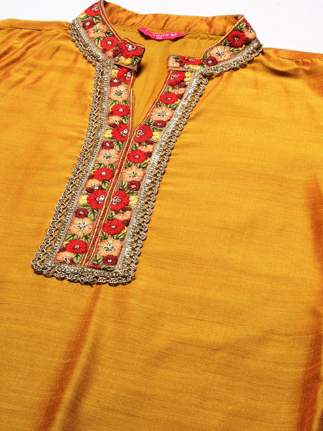 Solid Floral Embroidered Straight Fit Kurta - Mustard - Indiakreations