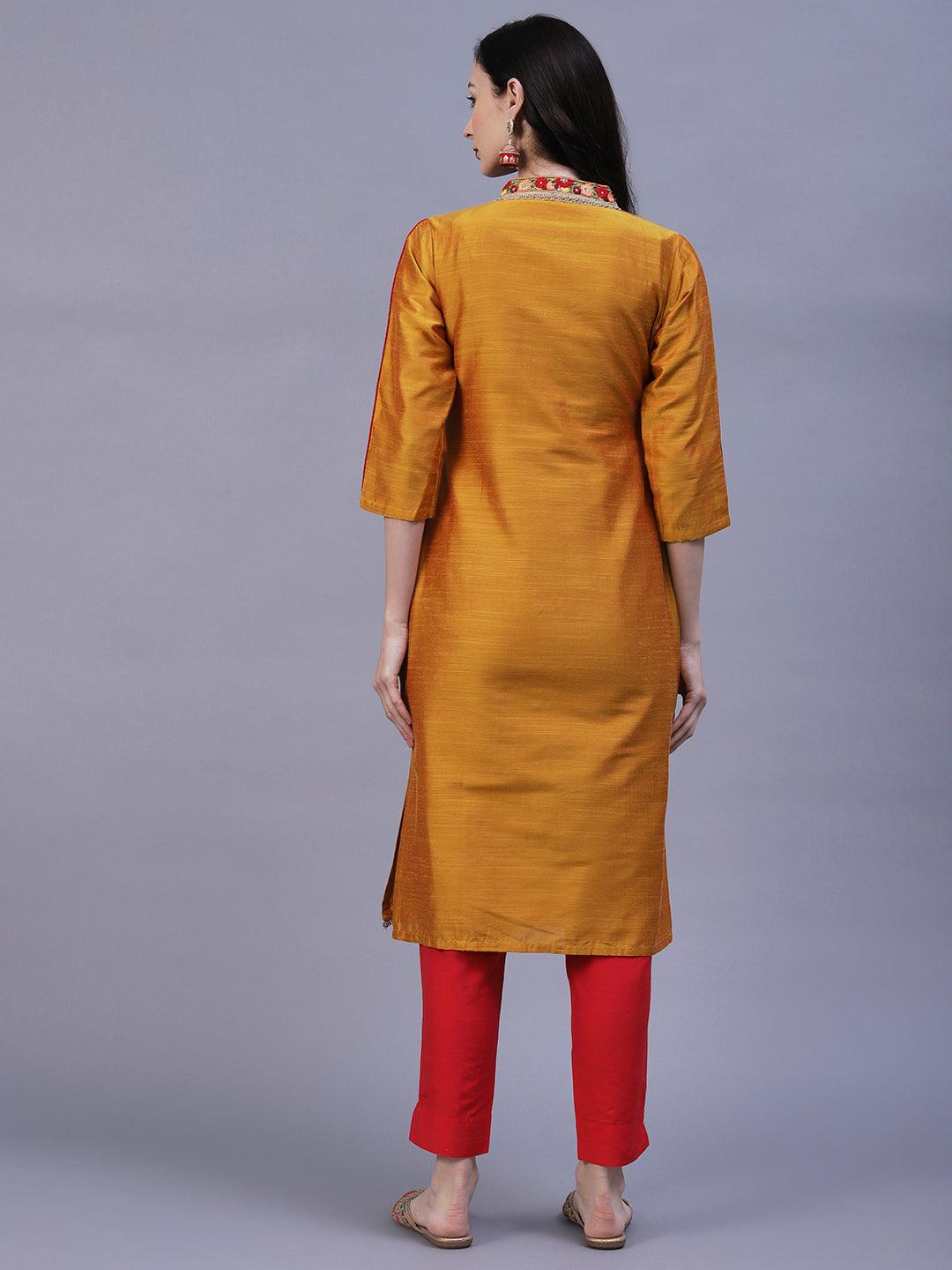 Solid Floral Embroidered Straight Fit Kurta - Mustard - Indiakreations