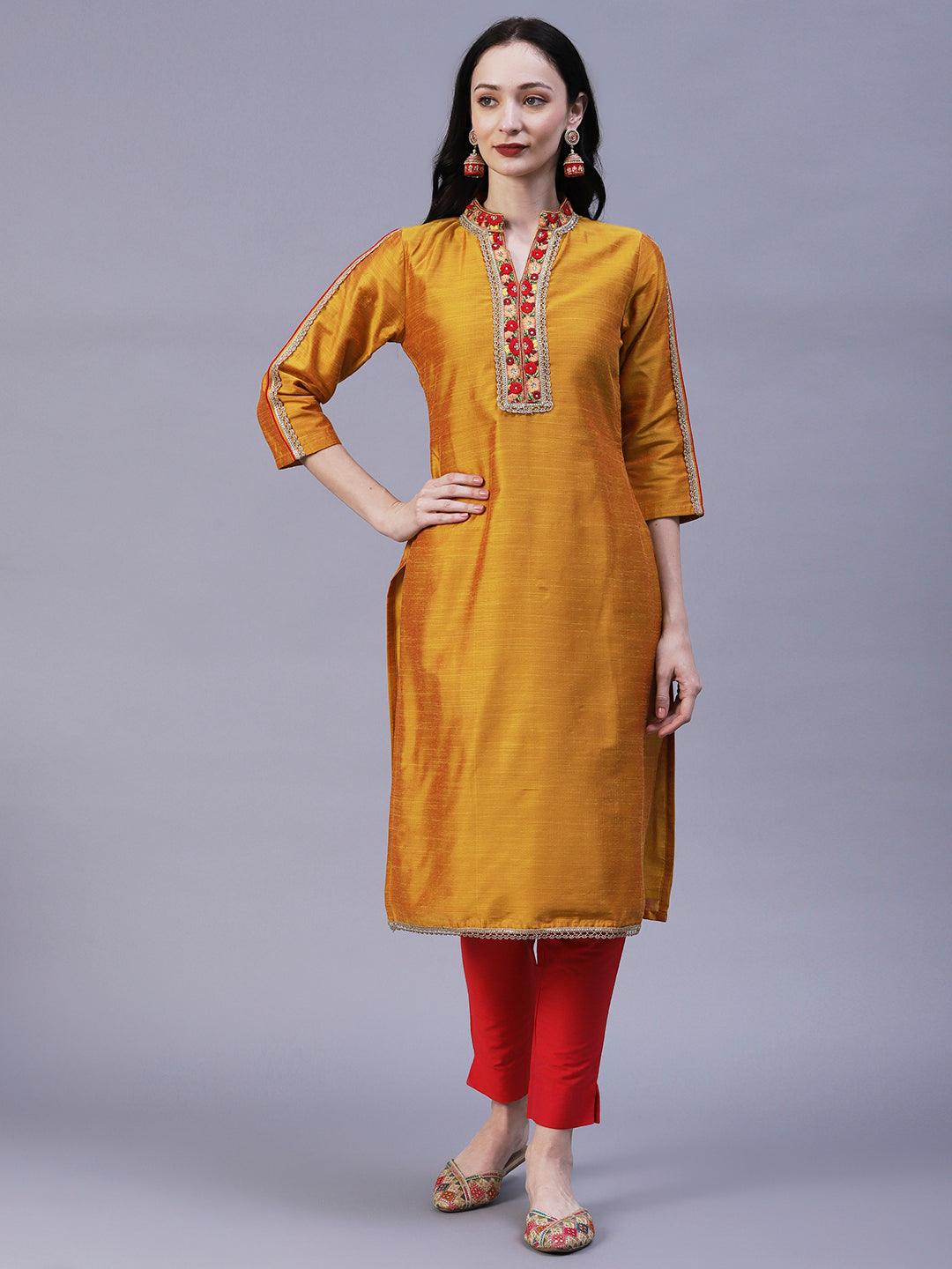 Solid Floral Embroidered Straight Fit Kurta - Mustard - Indiakreations