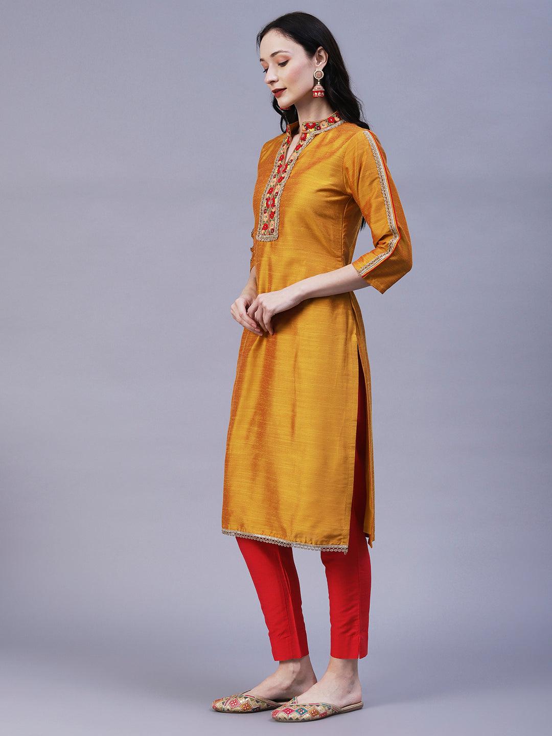 Solid Floral Embroidered Straight Fit Kurta - Mustard - Indiakreations