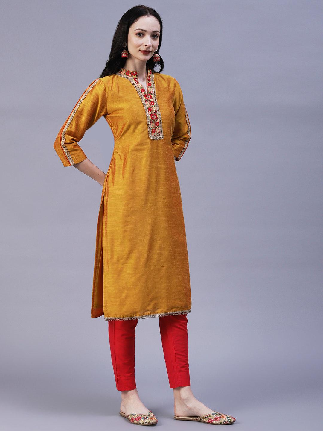 Solid Floral Embroidered Straight Fit Kurta - Mustard - Indiakreations