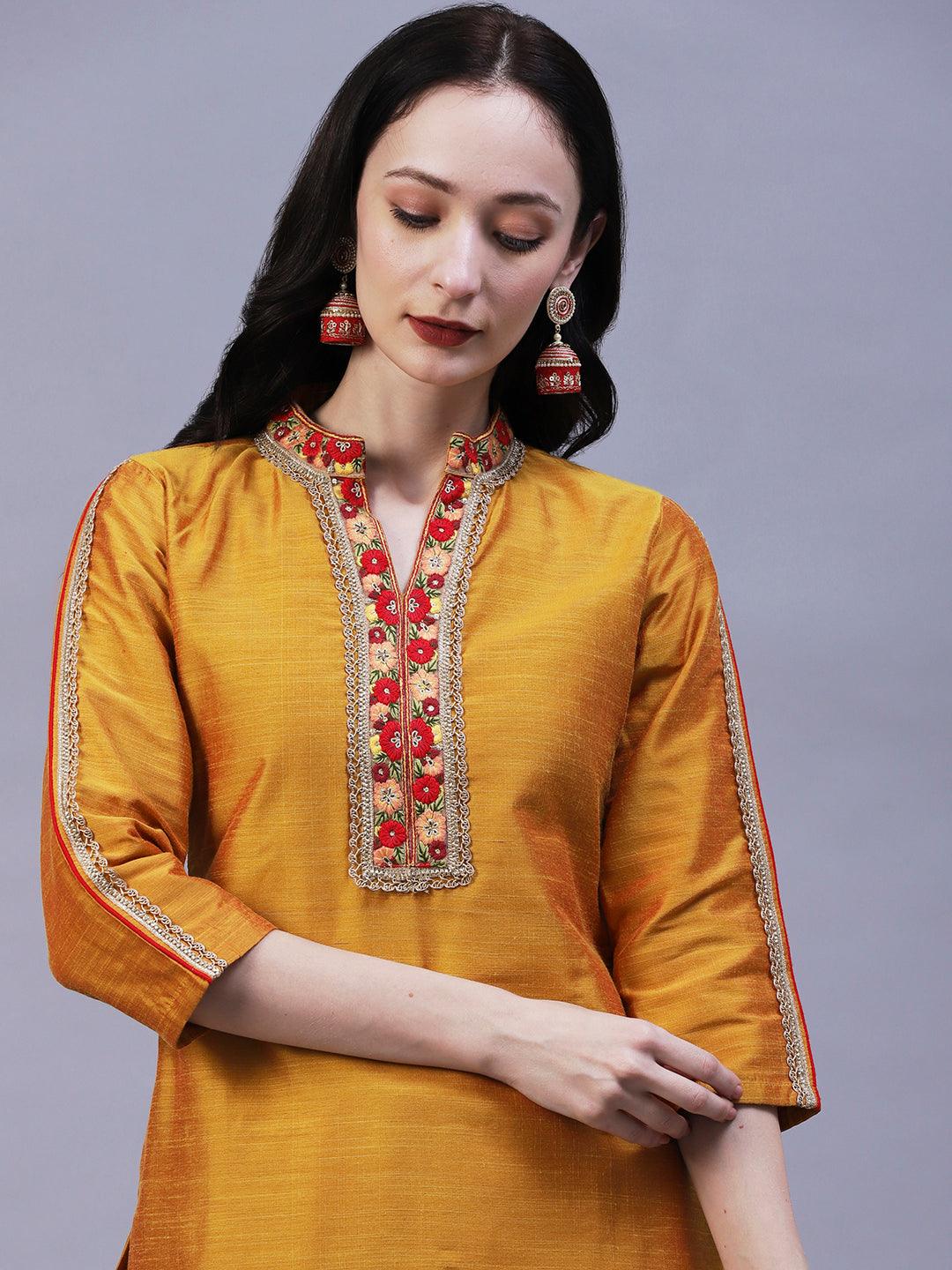 Solid Floral Embroidered Straight Fit Kurta - Mustard - Indiakreations