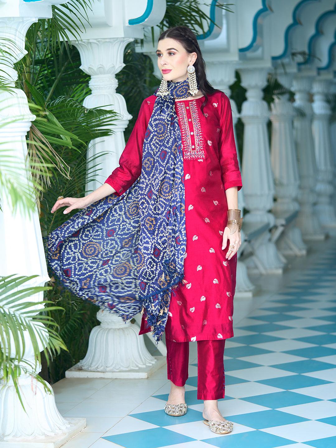 Solid Mirror & Sequins Embroidered Kurta With Pants & Bandhani Dupatta - Red - Indiakreations