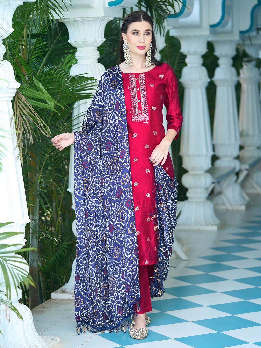 Solid Mirror & Sequins Embroidered Kurta With Pants & Bandhani Dupatta - Red - Indiakreations