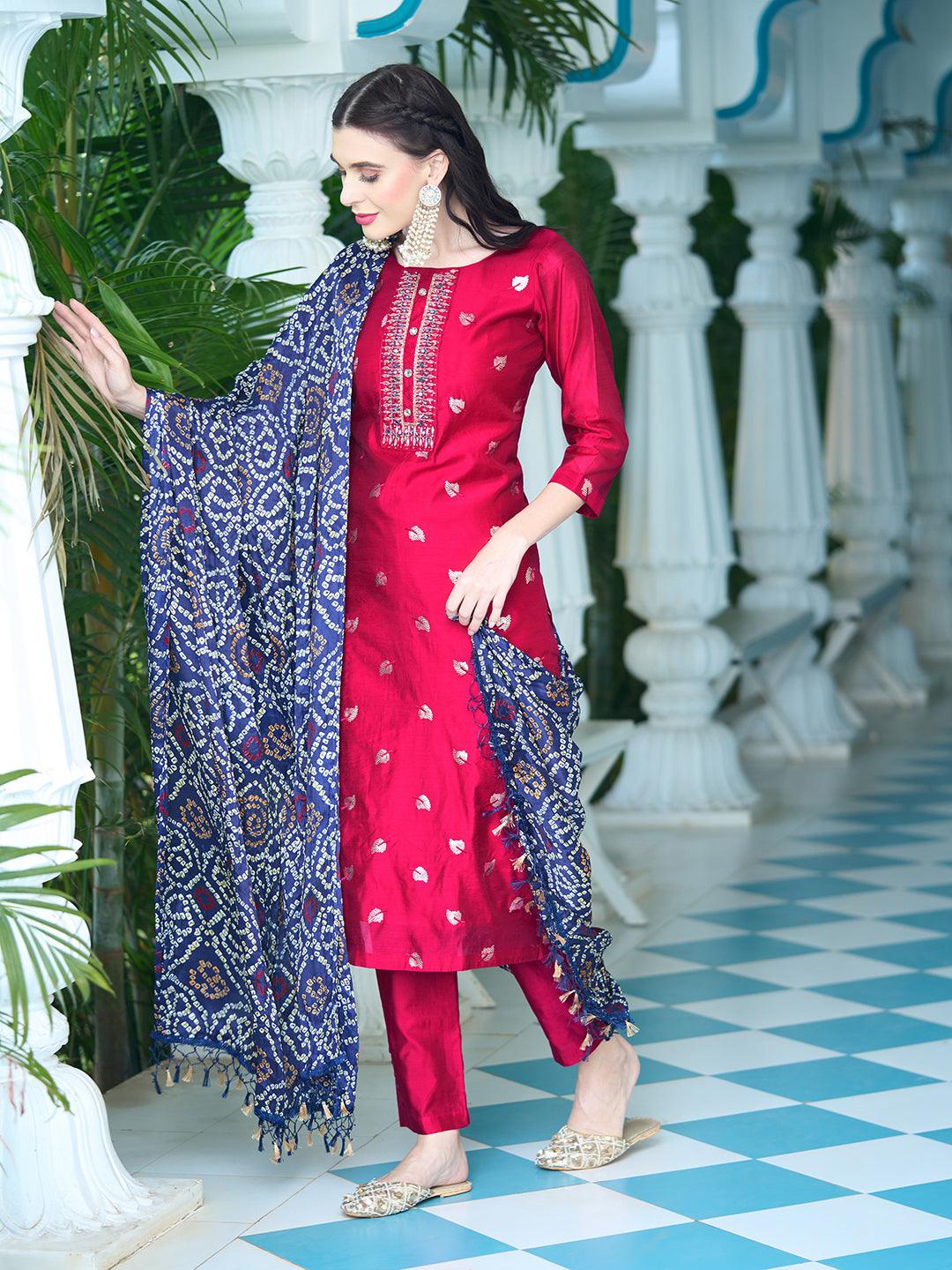 Solid Mirror & Sequins Embroidered Kurta With Pants & Bandhani Dupatta - Red - Indiakreations