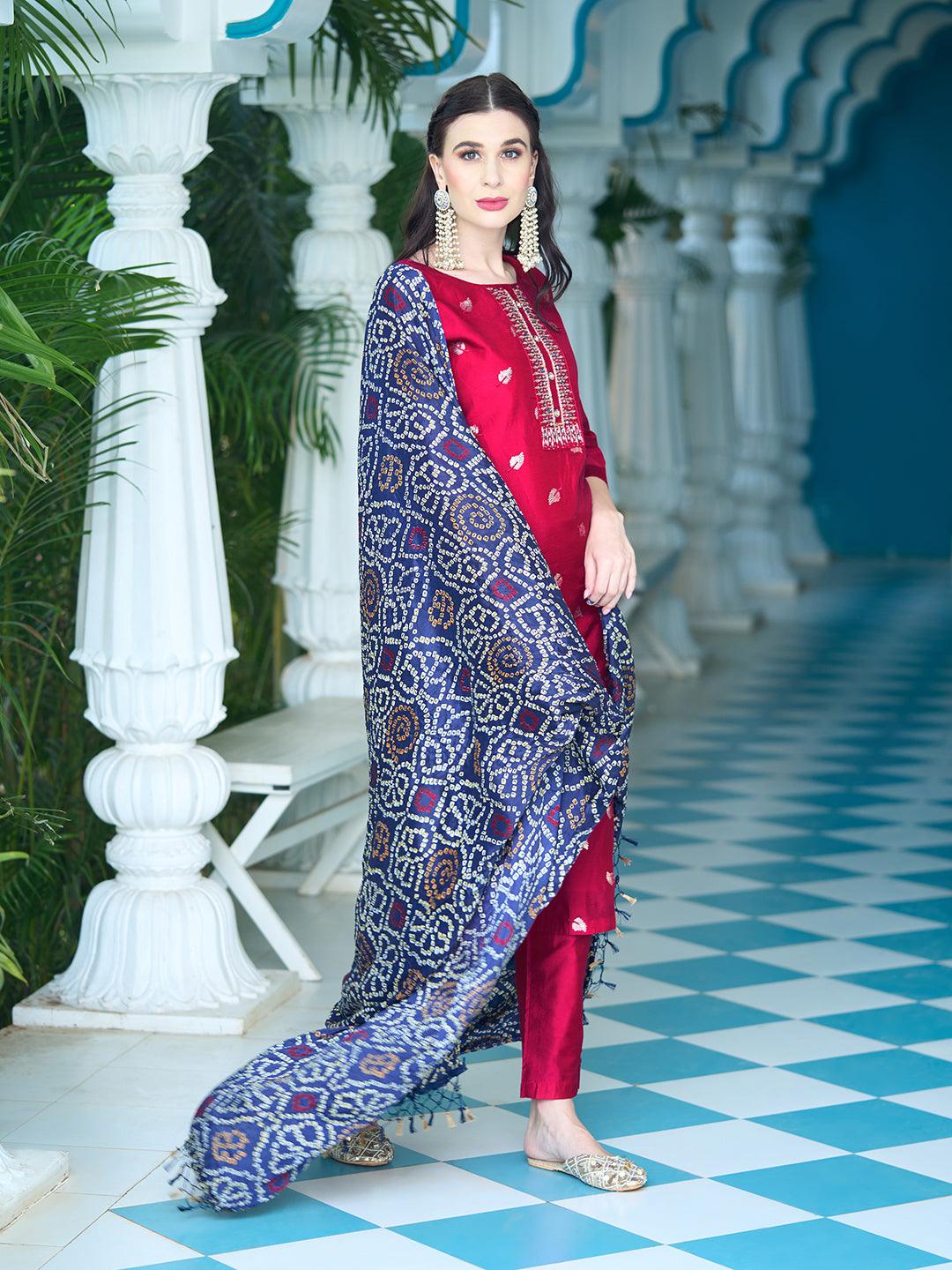 Solid Mirror & Sequins Embroidered Kurta With Pants & Bandhani Dupatta - Red - Indiakreations