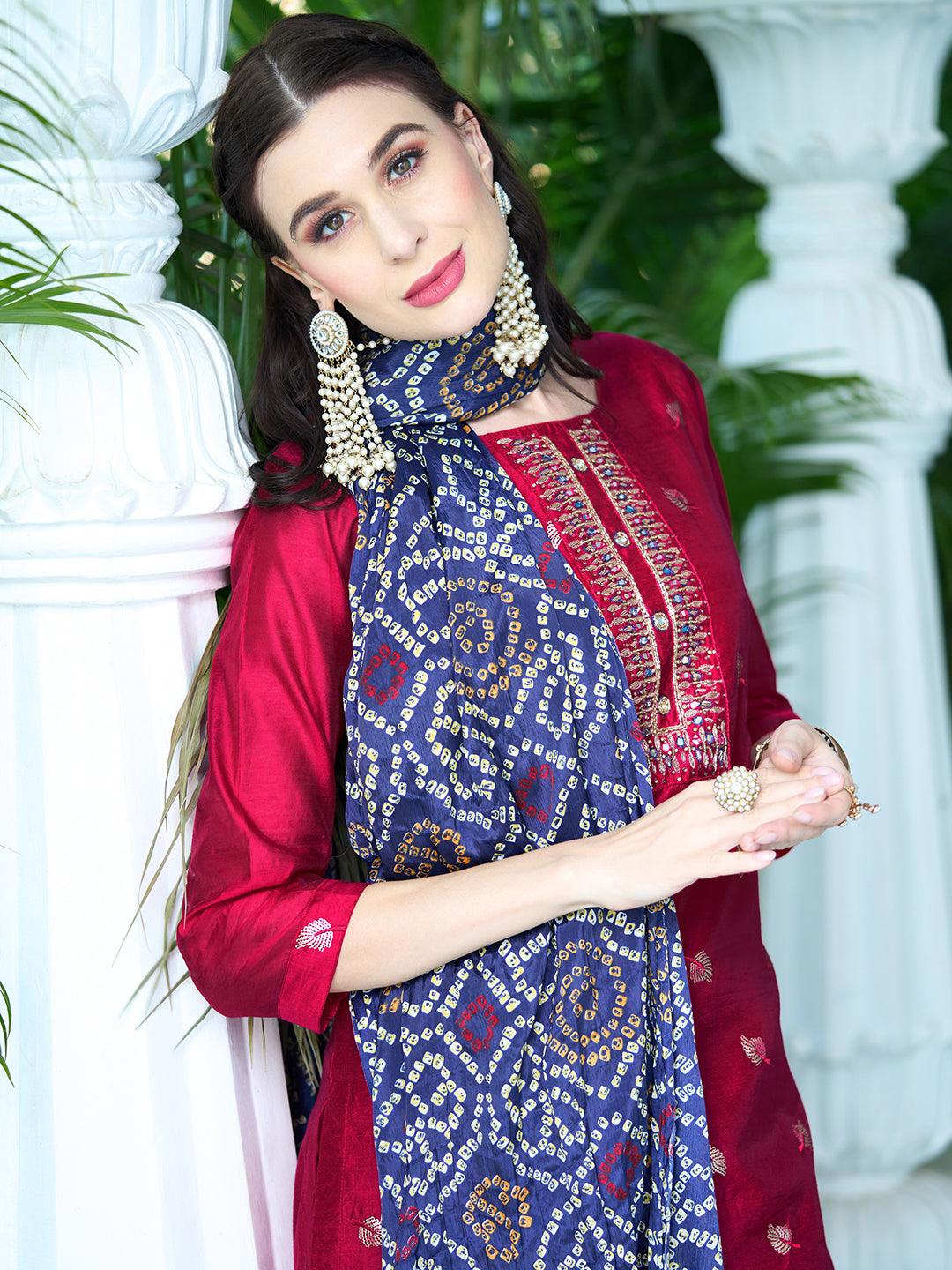 Solid Mirror & Sequins Embroidered Kurta With Pants & Bandhani Dupatta - Red - Indiakreations