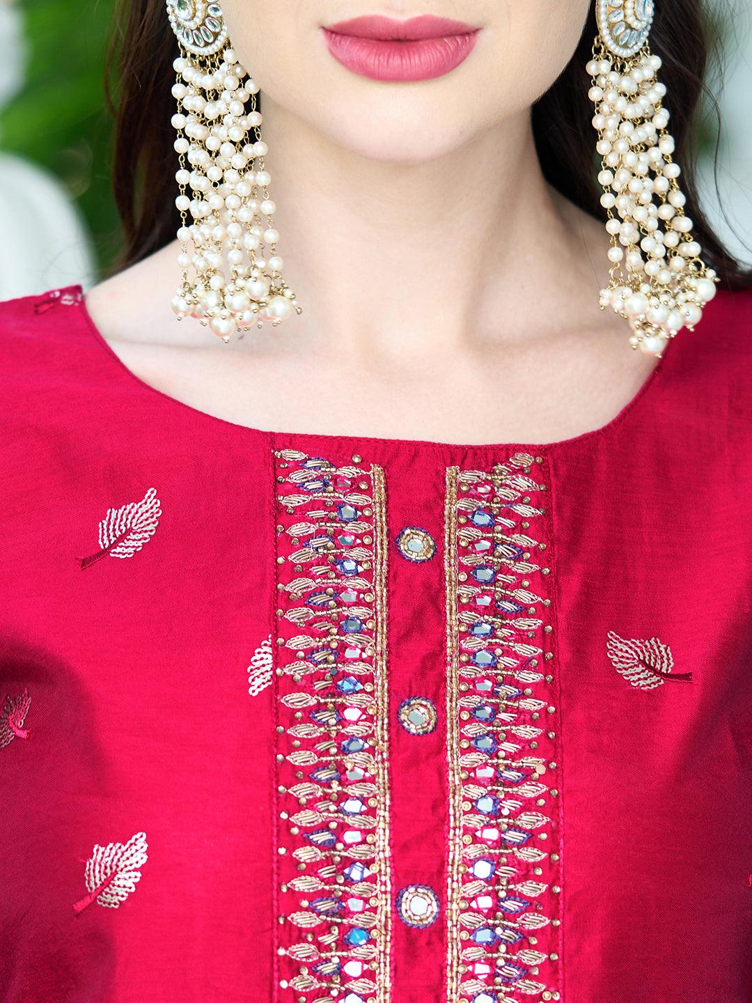 Solid Mirror & Sequins Embroidered Kurta With Pants & Bandhani Dupatta - Red - Indiakreations