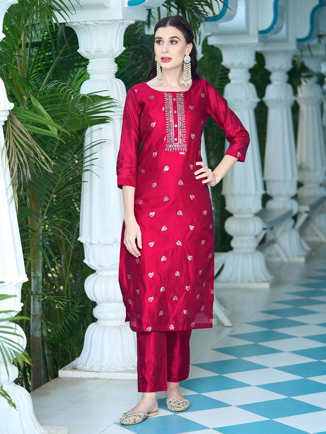 Solid Mirror & Sequins Embroidered Kurta With Pants & Bandhani Dupatta - Red - Indiakreations