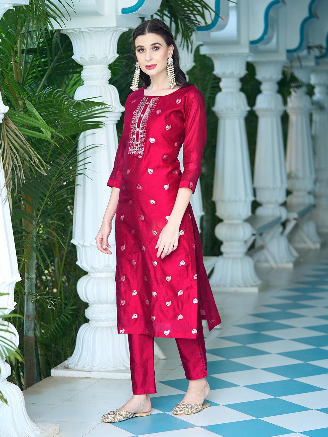 Solid Mirror & Sequins Embroidered Kurta With Pants & Bandhani Dupatta - Red - Indiakreations