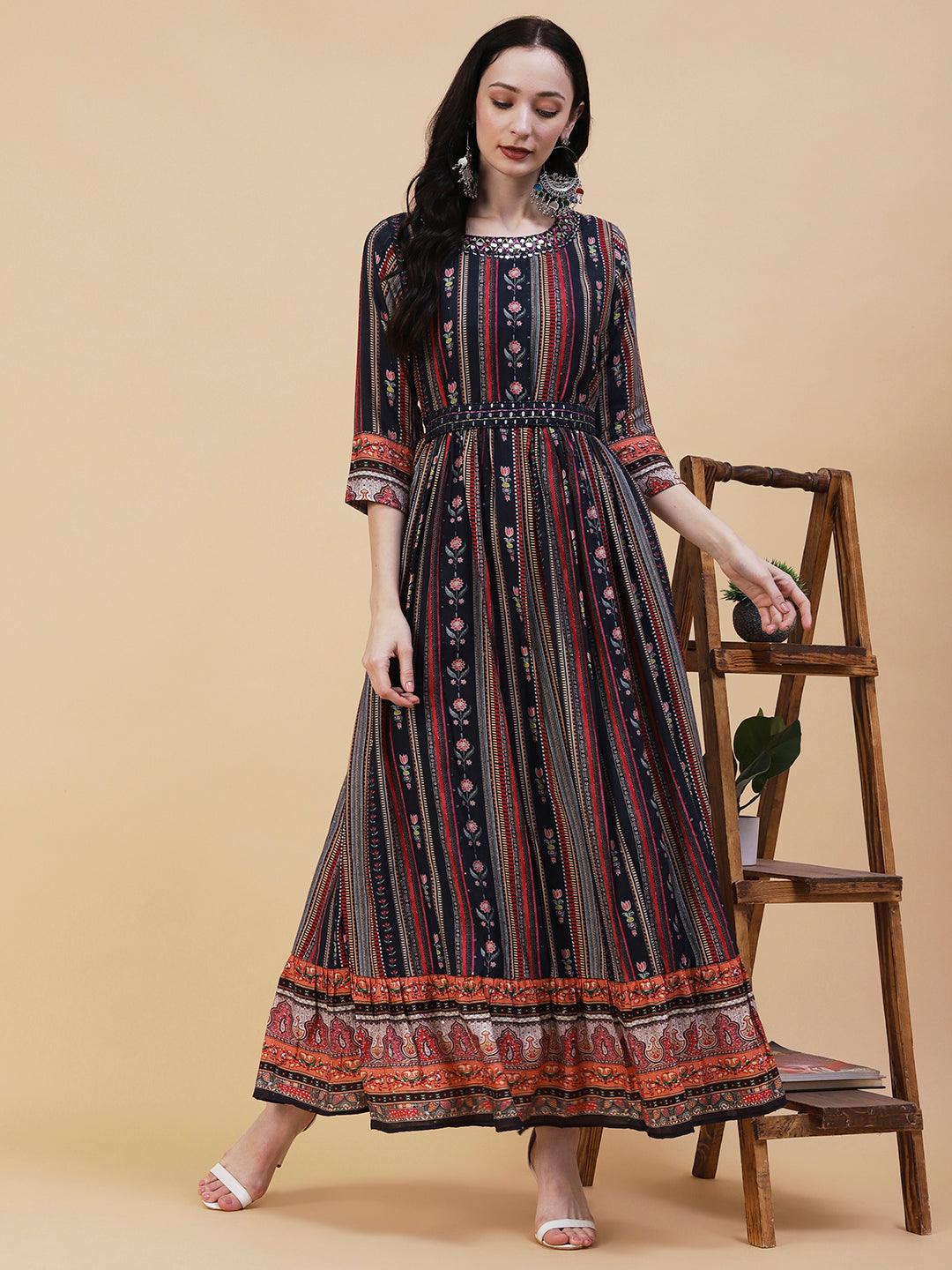 Stripes & Floral Printed Mirror Embroidered maxi dress With Embroidered Waist Belt - Multi - Indiakreations