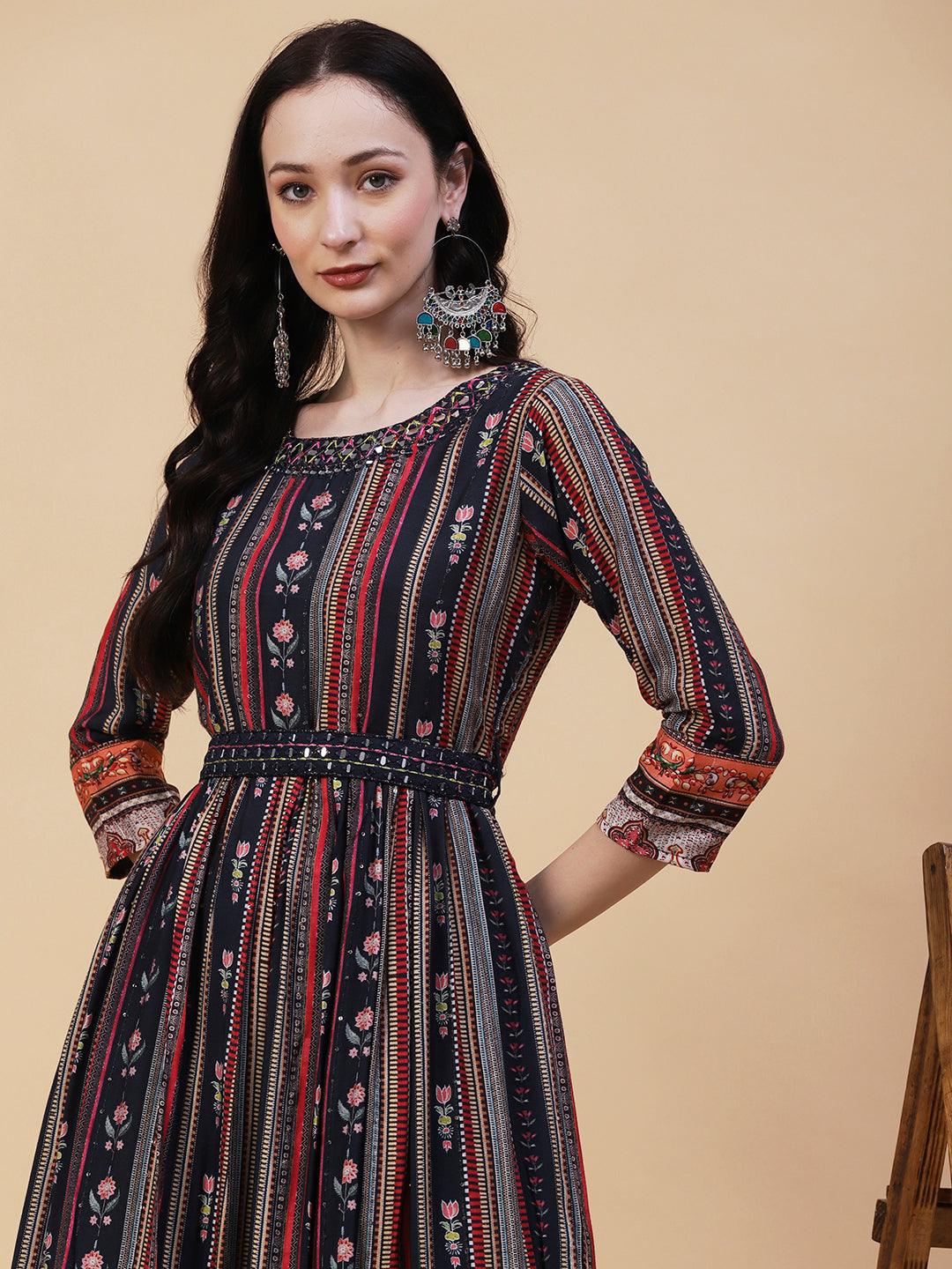 Stripes & Floral Printed Mirror Embroidered maxi dress With Embroidered Waist Belt - Multi - Indiakreations