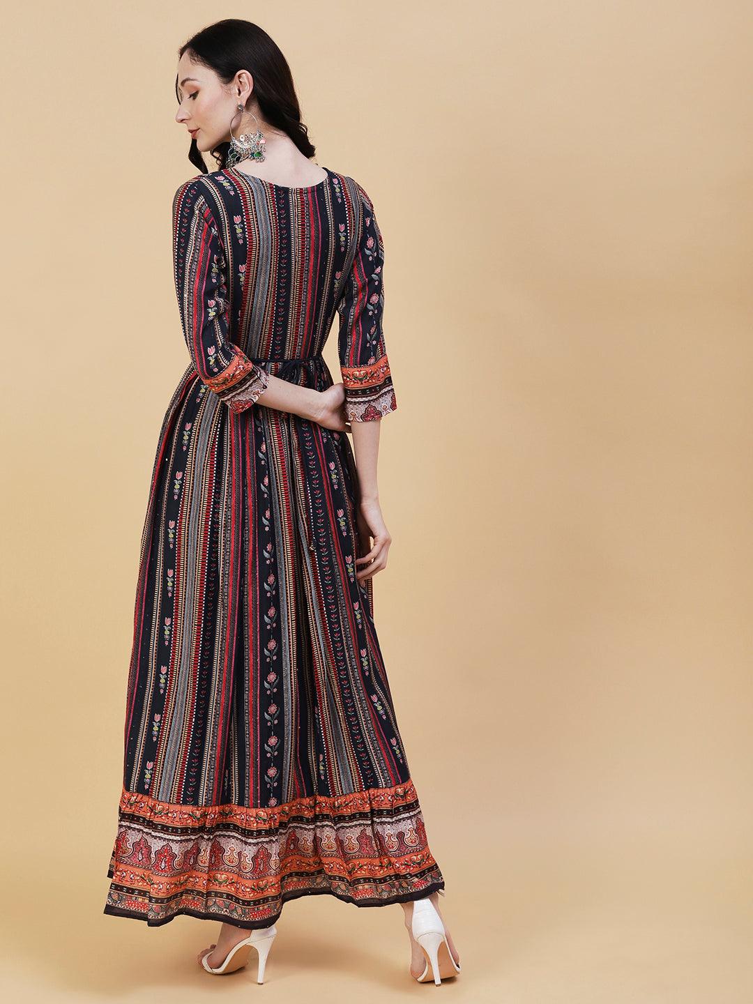 Stripes & Floral Printed Mirror Embroidered maxi dress With Embroidered Waist Belt - Multi - Indiakreations