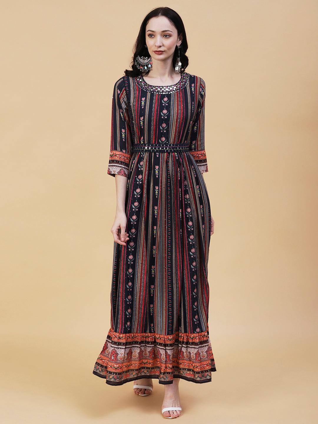 Stripes & Floral Printed Mirror Embroidered maxi dress With Embroidered Waist Belt - Multi - Indiakreations