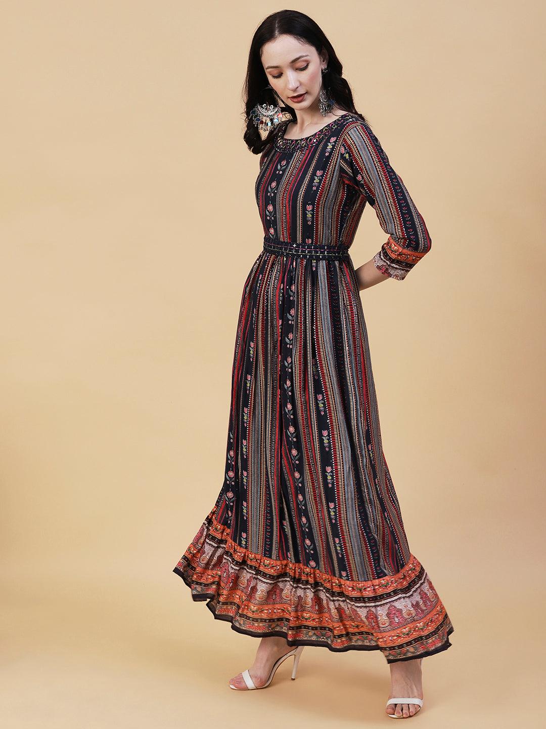 Stripes & Floral Printed Mirror Embroidered maxi dress With Embroidered Waist Belt - Multi - Indiakreations