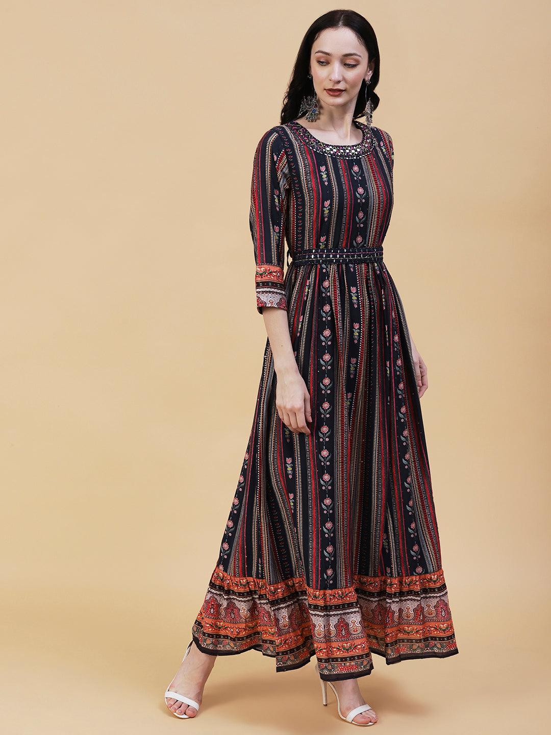 Stripes & Floral Printed Mirror Embroidered maxi dress With Embroidered Waist Belt - Multi - Indiakreations