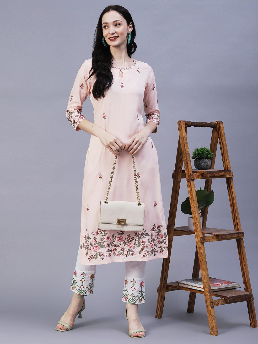 Solid Resham & Zari Floral Embroidered Kurta - Peach - Indiakreations