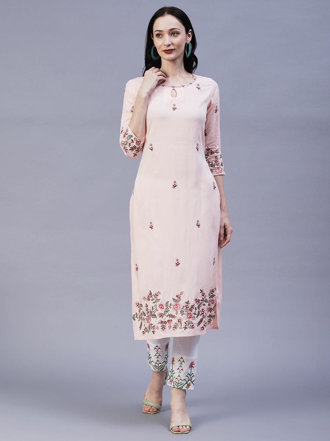 Solid Resham & Zari Floral Embroidered Kurta - Peach - Indiakreations