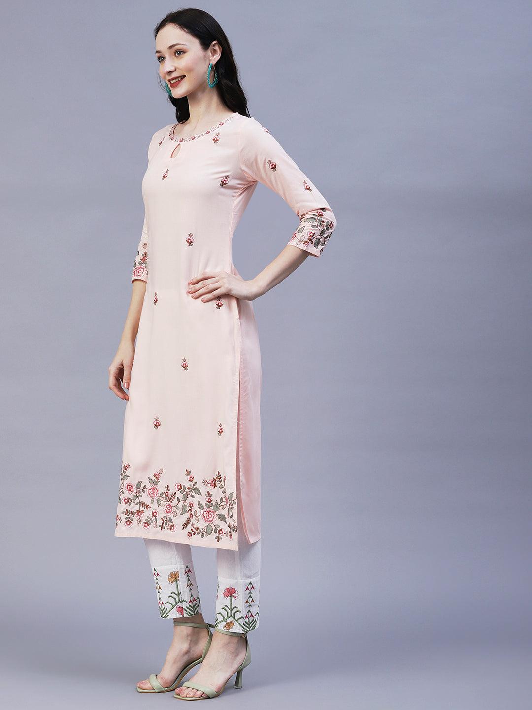 Solid Resham & Zari Floral Embroidered Kurta - Peach - Indiakreations