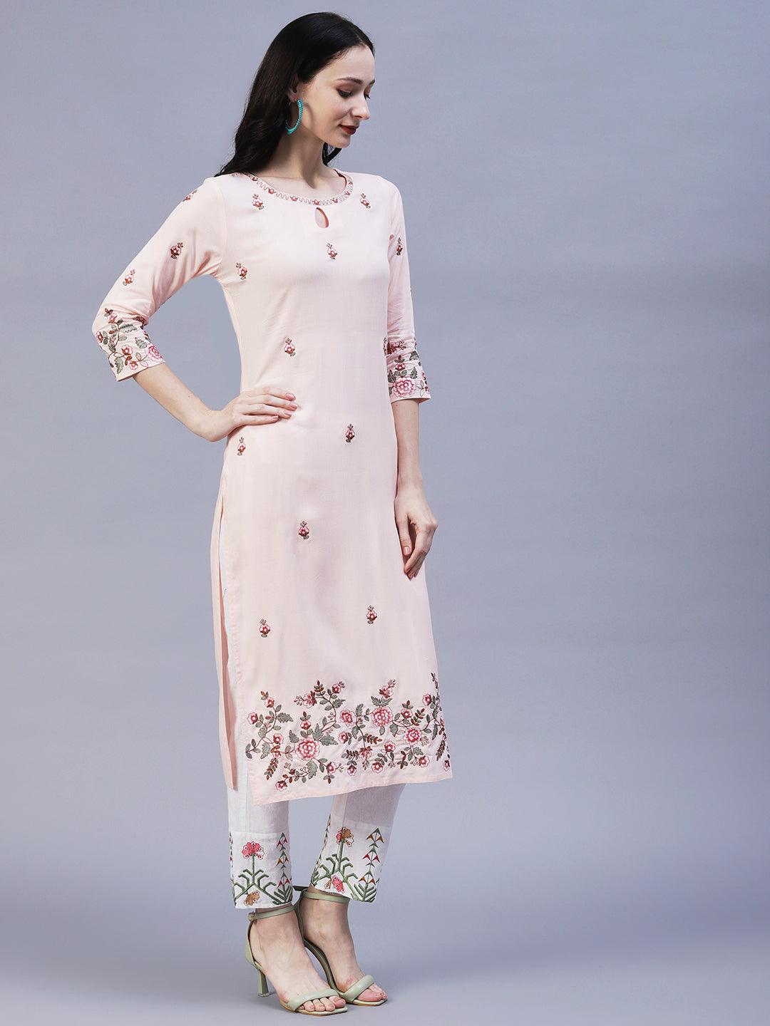 Solid Resham & Zari Floral Embroidered Kurta - Peach - Indiakreations