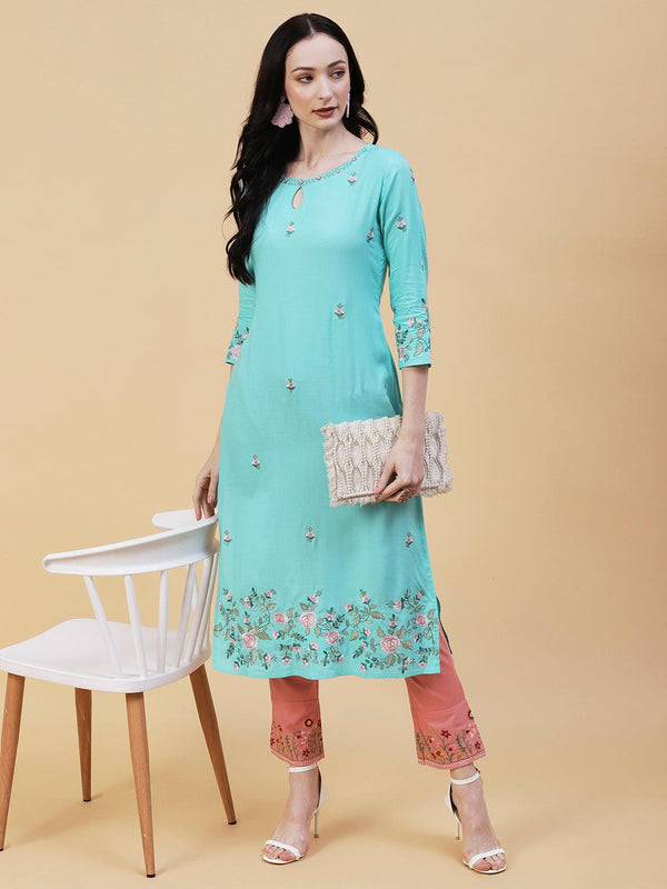 Solid Resham & Zari Floral Embroidered Kurta - Sea Green - Indiakreations