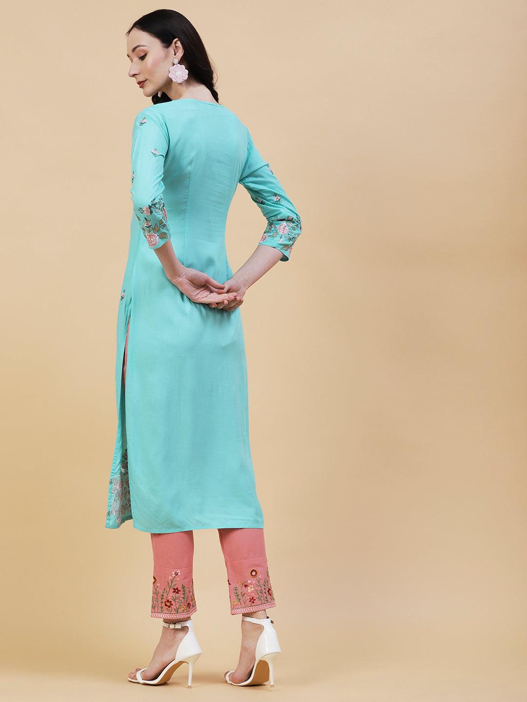 Solid Resham & Zari Floral Embroidered Kurta - Sea Green - Indiakreations