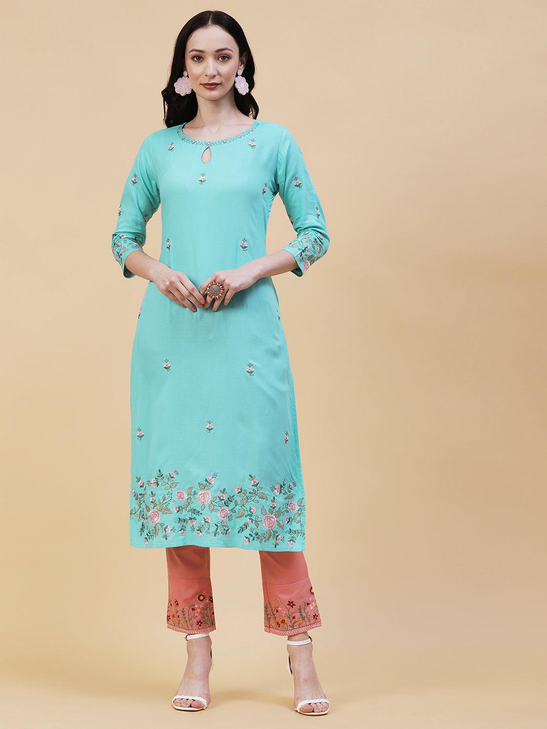 Solid Resham & Zari Floral Embroidered Kurta - Sea Green - Indiakreations