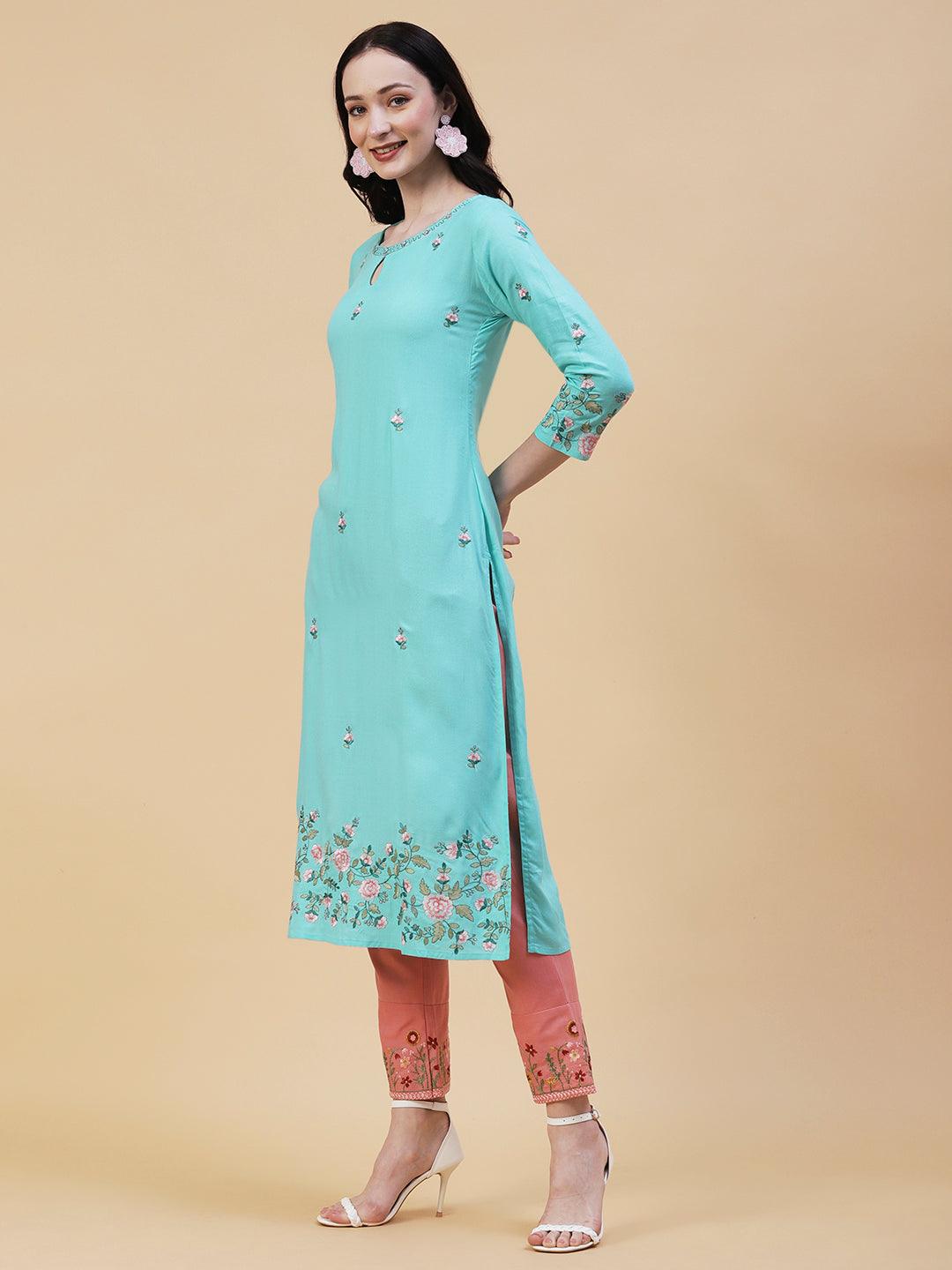 Solid Resham & Zari Floral Embroidered Kurta - Sea Green - Indiakreations