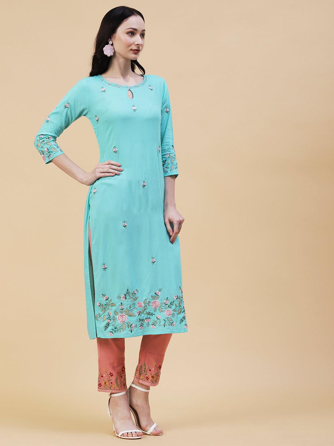 Solid Resham & Zari Floral Embroidered Kurta - Sea Green - Indiakreations