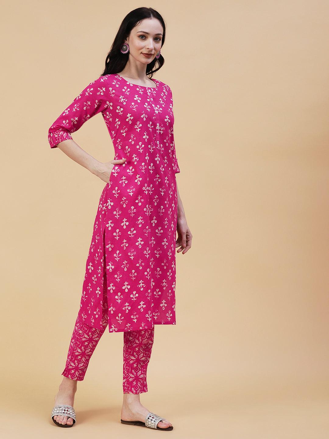 Abstract Block Printed Mother-Of-Pearl Buttoned Kurta With Pants - Pink - Indiakreations