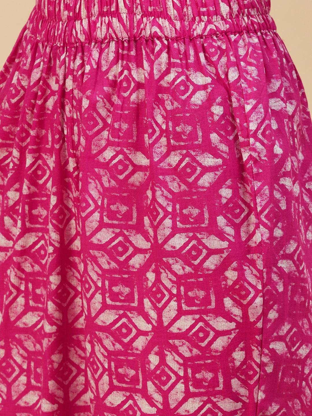 Abstract Block Printed Mother-Of-Pearl Buttoned Kurta With Pants - Pink - Indiakreations