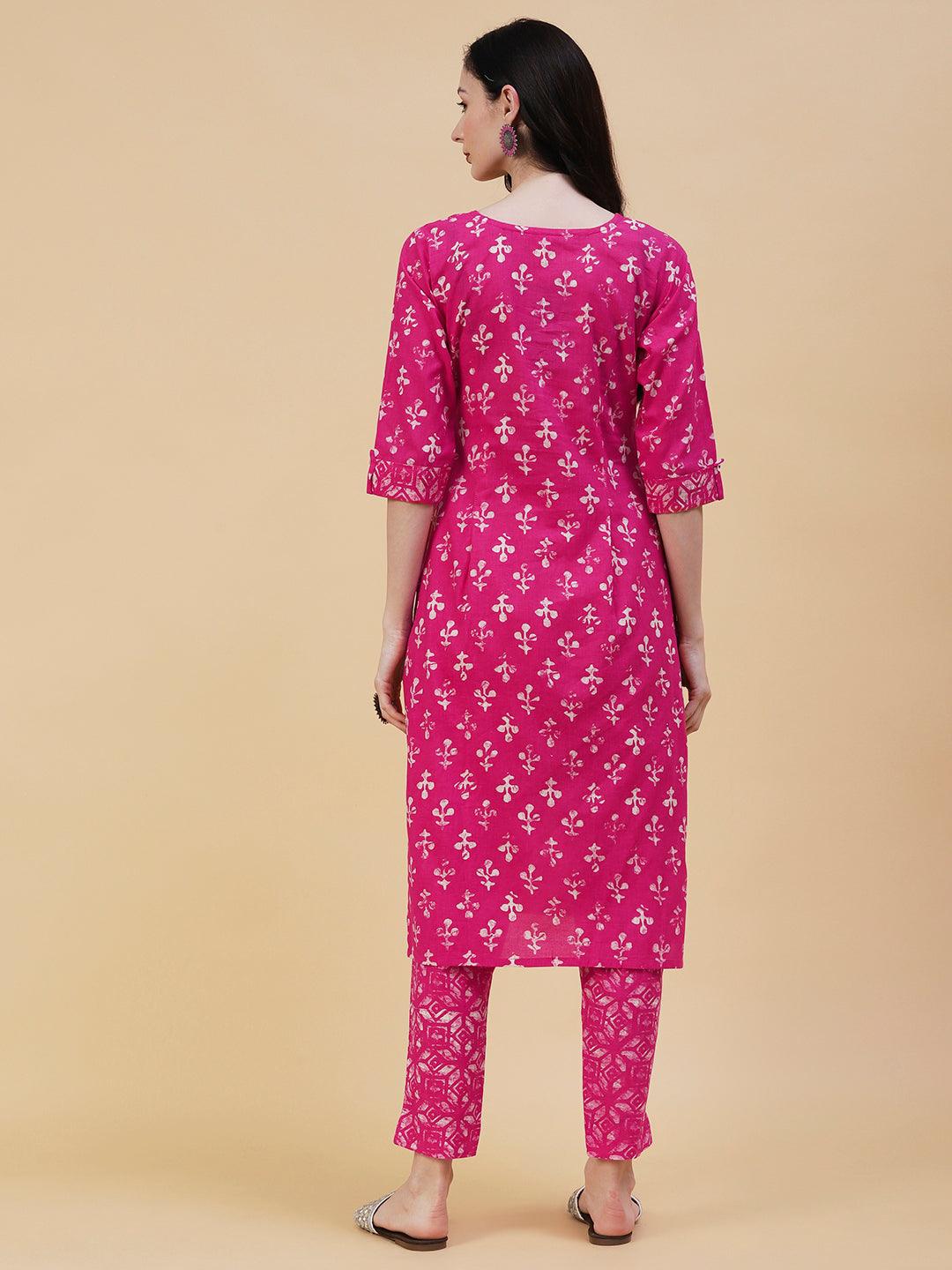 Abstract Block Printed Mother-Of-Pearl Buttoned Kurta With Pants - Pink - Indiakreations